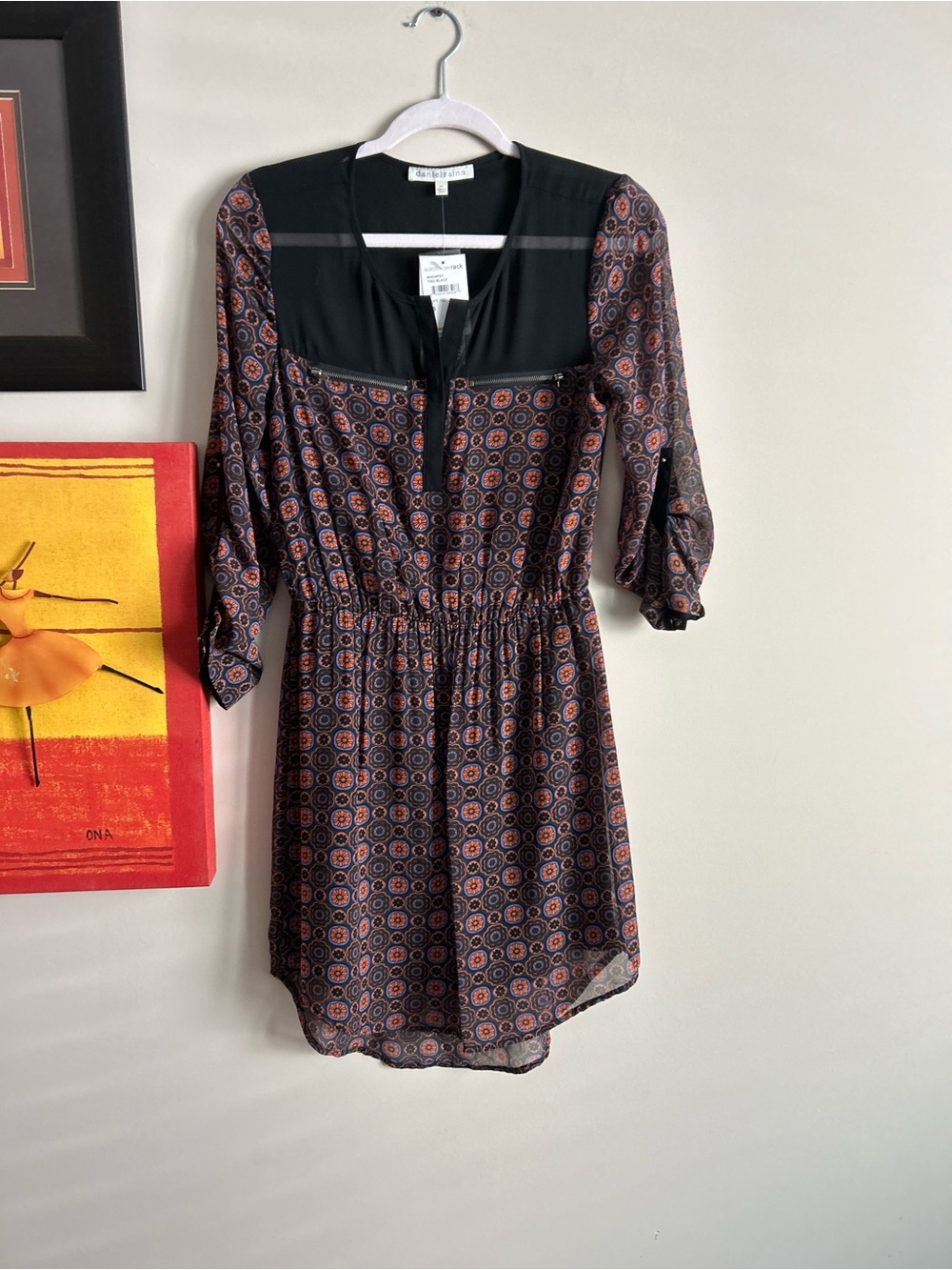 Daniel Rainn Black Multicolor Printed Long Sleeve Dress